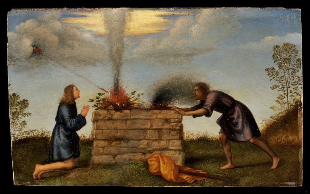 Мариотто Альбертинелли, "жертвопреношение Каина и Авеля", 1510. Каин и Авель. Жертвоприношение Каина и Авеля. Каин и Авель картина.