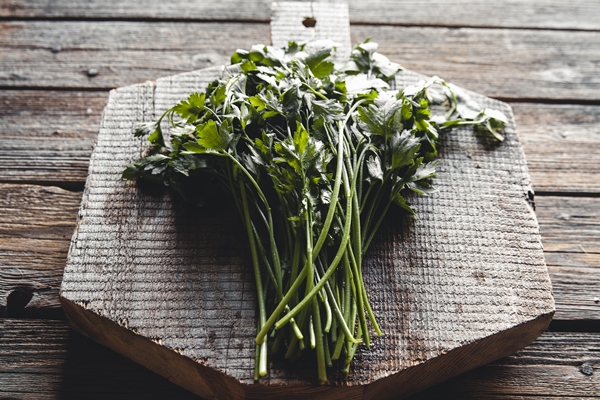 bunch of fresh organic basil in olive cutting board on rustic wooden background - Лечо двухцветное с душистыми травами