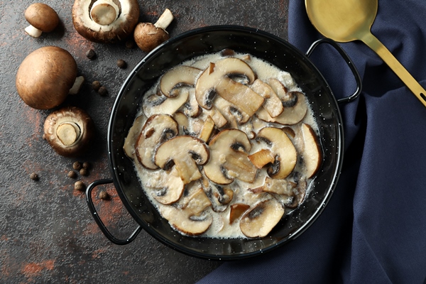 concept of tasty food with mushroom sauce on dark textured background - Овощи, бобовые, грибы: полезные советы