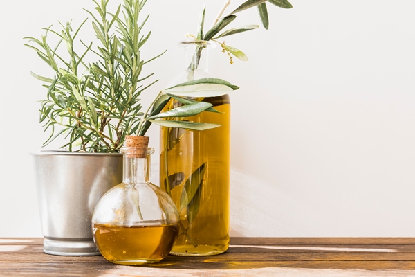 potted rosemary with olive oil bottles on wooden table - Как лучше сохранить продукты?