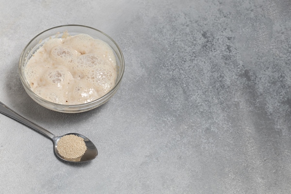 a bowl of yeast fermentation and a spoon with dry yeast on a light background - Постные дрожжевые блины «Гречишники»