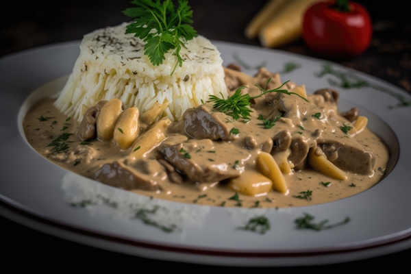 a plate of creamy stroganoff served over pasta with thinly shredded beef and a sour cream mushroom sauce - Библия о пище