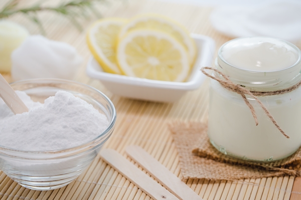 closeup shot of natural skincare product ingredients lemon baking soda and yogurt - Ароматные пряники из тыквы