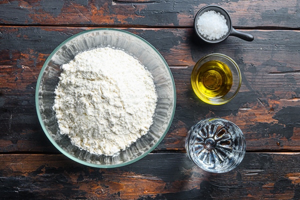 ingredients for the dough flour oil water and salt 3 - Постные блины с рисом и рыбой