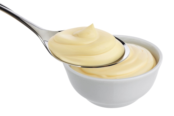 mayonnaise in spoon and bowl isolated on white - Салат «Шпротный»