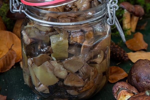 seasonal mushroom picking preparations for the winter making homemade marinades marinated mushrooms in a glass jar standing on a wooden table with mushrooms - Маринованные грибы на зиму