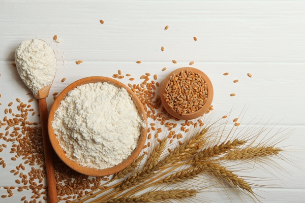 wheat flour and spikelets of wheat on a light background - Русские гречневые дрожжевые блины