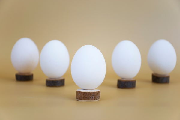 white eggs on wooden rings on beige - Яйца с рисунком и узорами в луковой шелухе