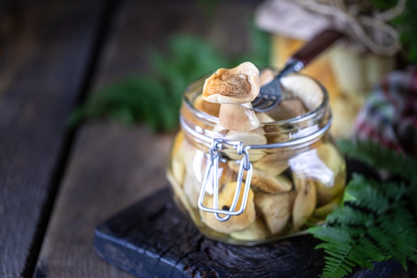 canned edible porcini mushrooms in a glass jar homemade pickled mushrooms - Винегрет с белой фасолью
