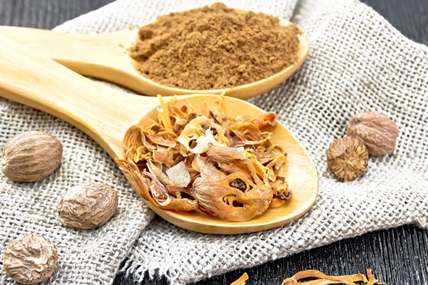 dried nutmeg arillus and ground nutmeg in two spoons whole nuts on burlap on a dark wooden board background - Постные рыбные котлеты