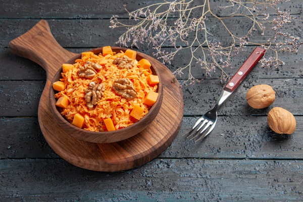 front view fresh carrot salad grated salad with walnuts dark desk diet color nut health salad - Салат из моркови с орехами