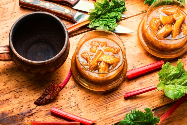 homemade rhubarb jam in glass jar sweet food - Маседуан из ревеня