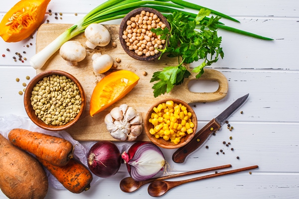 ingredients for vegetable vegan soup with lentils mushrooms and chickpeas on white background - Чечевица с грибами, постный стол