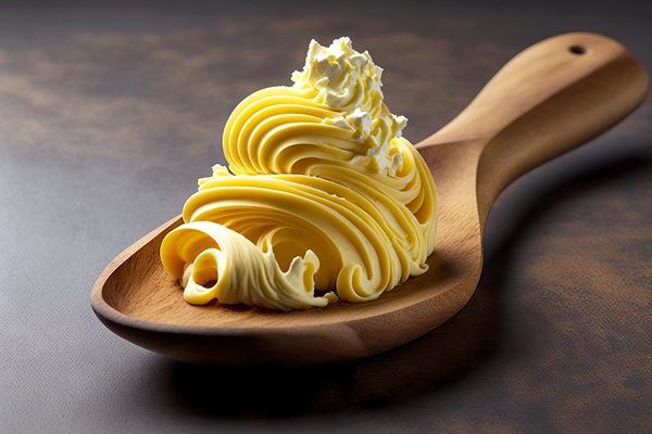 large wooden spoon filled with butter curl - Омлет в духовке