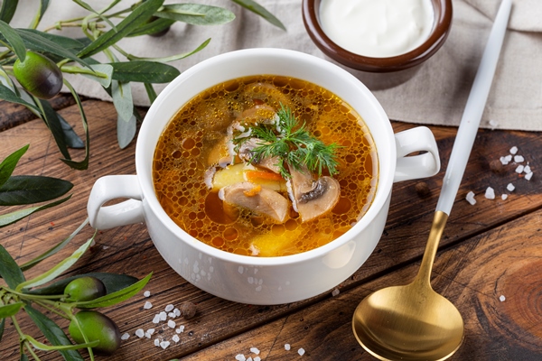 mushroom soup in a white ceramic bowl - Постный суп грибной с картофелем