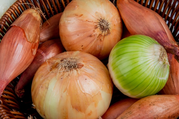 side view of onions as shallot sweet and white ones in basket on plaid cloth and wooden background - Котлеты архиерейские