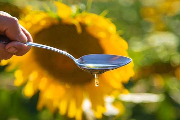 sunflower oil in a spoon on the field selective focus nature - Пресное тесто для пирожков