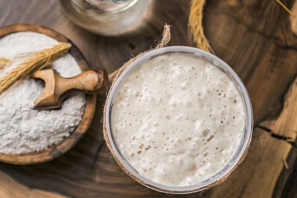 the leaven for bread is active starter sourdough fermented mixture of water and flour to use as leaven for bread baking the concept of a healthy diet 1 - Пирог со свежей капустой и рыбой