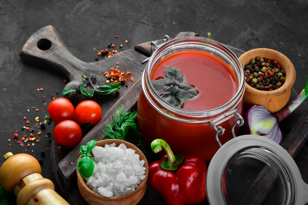 tomato paste ketchup with vegetables homemade top view on a black background free space for - Картофельный салат с рисом и рыбой