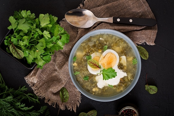 green soup of sorrel in blue bowl flat lay top view 1 - Суп из листьев лопуха с рисом и картофелем