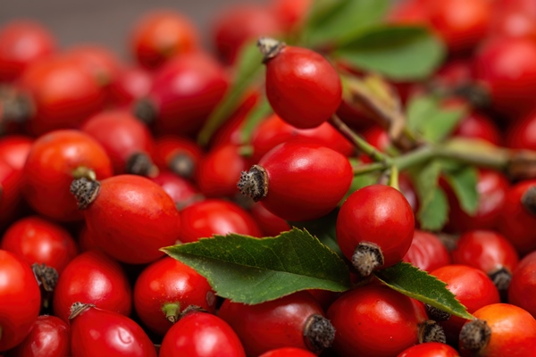 heap of rose hip rosa canina fruits with green leaves - Шипучий квас