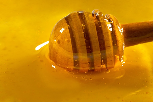 honey dripping from honey dipper in wooden bowl closeup healthy organic - Поминальная кутия