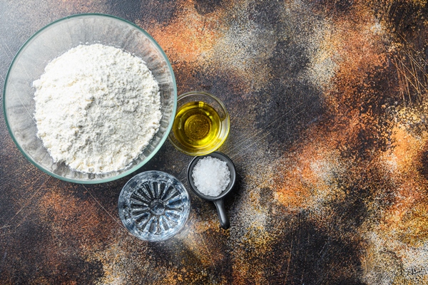 ingredients for the dough flour oil water and salt - Лапша для супа, постный стол