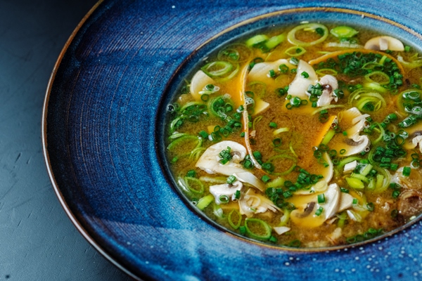 side view mushroom soup and green onions in a plate - Похлёбка с грибами