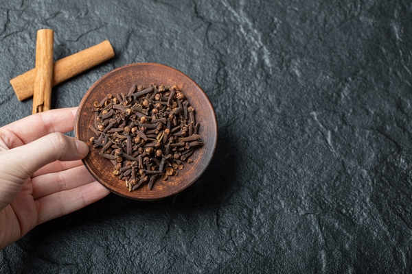 hand holding a brown plate with dried clove - Фруктовый салат "Ёжик"