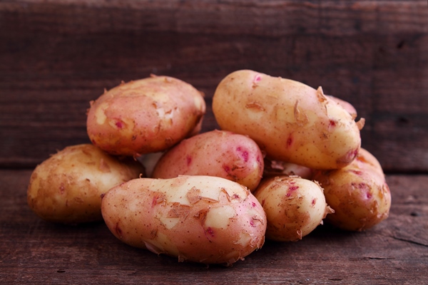 young potatoes in a wooden plate on a wooden background - Молодой картофель отварной