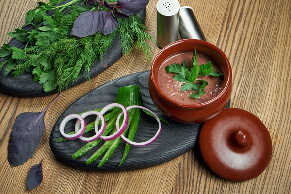 close up view on tasty lobio traditional georgian dish of various kinds of prepared beans cooked or stewed containing coriander walnuts garlic and onion - Лобио, постный стол