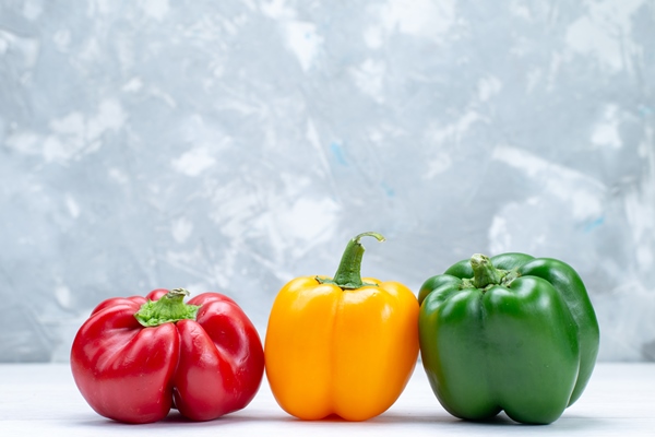 colorful bell peppers lined on white desk vegetable spice hot food meal ingredient product - Салат овощной с сыром тофу