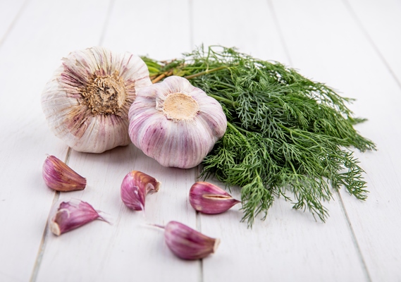 side view of vegetables as bunch of dill and garlic bulb with garlic cloves on wood - Бутерброды с фасолевым паштетом и сельдереем