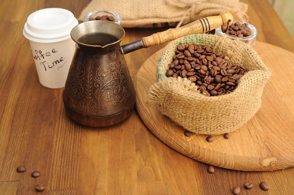 coffee beans in cloth bag take away paper cup and cezve - Кофе с сахаром и солью в турке