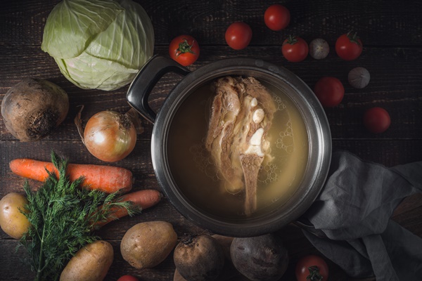 ingredient for traditional russian and ukrainian beetroot soup borscht top view - Бульон с сельдереем
