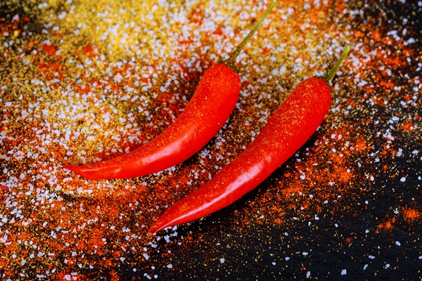 red hot chili pepper on a dark background with space under the text bitter red pepper on a black bac - Яйца пашот с соусом по-турецки