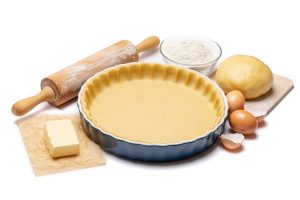shortbread dough for baking quiche tart and ingredients in baking form - Киш с креветками и брокколи