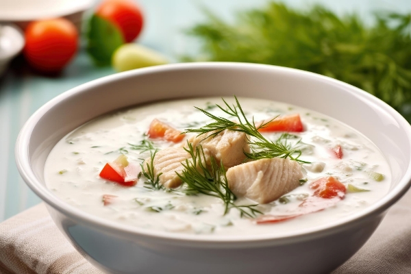 photo fish chips food photography generative ai - Молочный суп с лососем и рисом