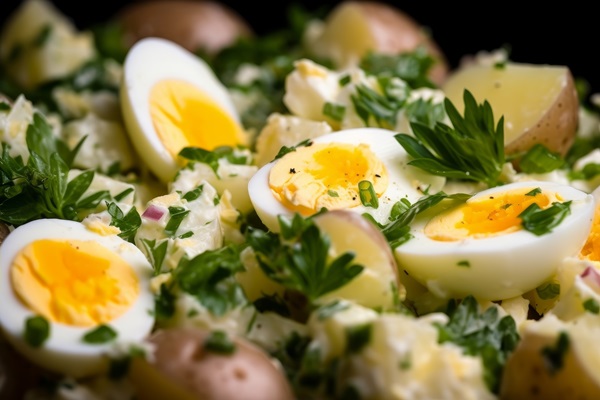 potato salad with chopped hardboiled eggs and fresh herbs - Винегрет из фаршированного перца с картофелем