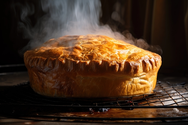 a meat pie on a golden flaky crust with steam rising from its filling created with generative ai - Кулебяка из дрожжевого теста