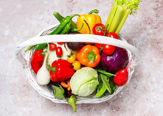 different colorful fresh vegetables on concrete surface - Монастырская кухня: суп из помидоров, перец, фаршированный овощами