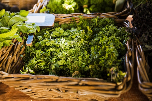 fresh coriander in wicker basket for sale at supermarket - Гаспачо по-мароккански