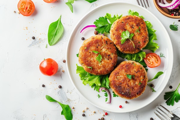 freshly prepared crab cakes white plate perfect seafood lovers - Монастырские чечевичные котлеты по-валаамски