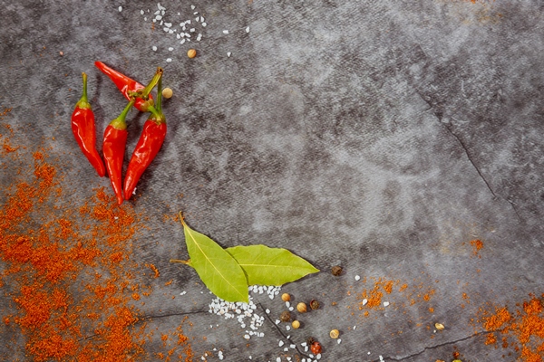 top view of aromatic dry herbs and spices on gray background - Обед по-монастырски на среду Великого поста