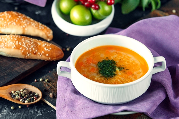 vegetable soup with chopped herbs and bakery - Монастырская кухня: картофельный салат, суп рыбный с репой