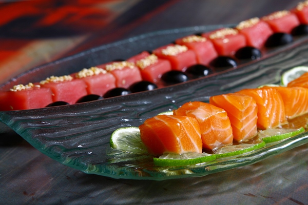 allsorts from a fresh salmon and a tuna under sauces - Бастурма-шашлык из рыбы
