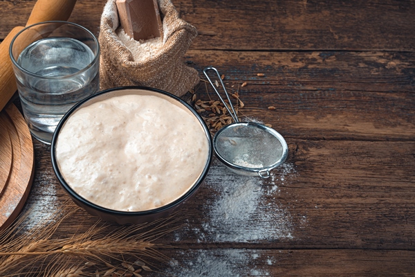 the sourdough for bread is active ingredients for making bread culinary background with space to copy - Пасхальная мона