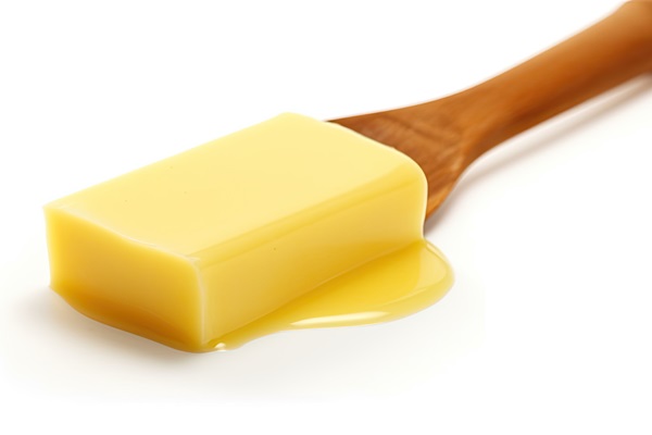 a wooden spoon with a yellow butter on it - Сныть отварная с сыром