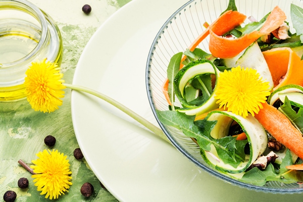 dandelion salad on a plate 1 - Салат из одуванчиков с огурцами и морковью