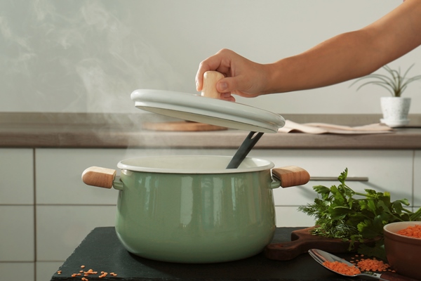 female hand holding lid above enamelled pan in kitchen - Правила обработки и приготовления дикорастущих растений